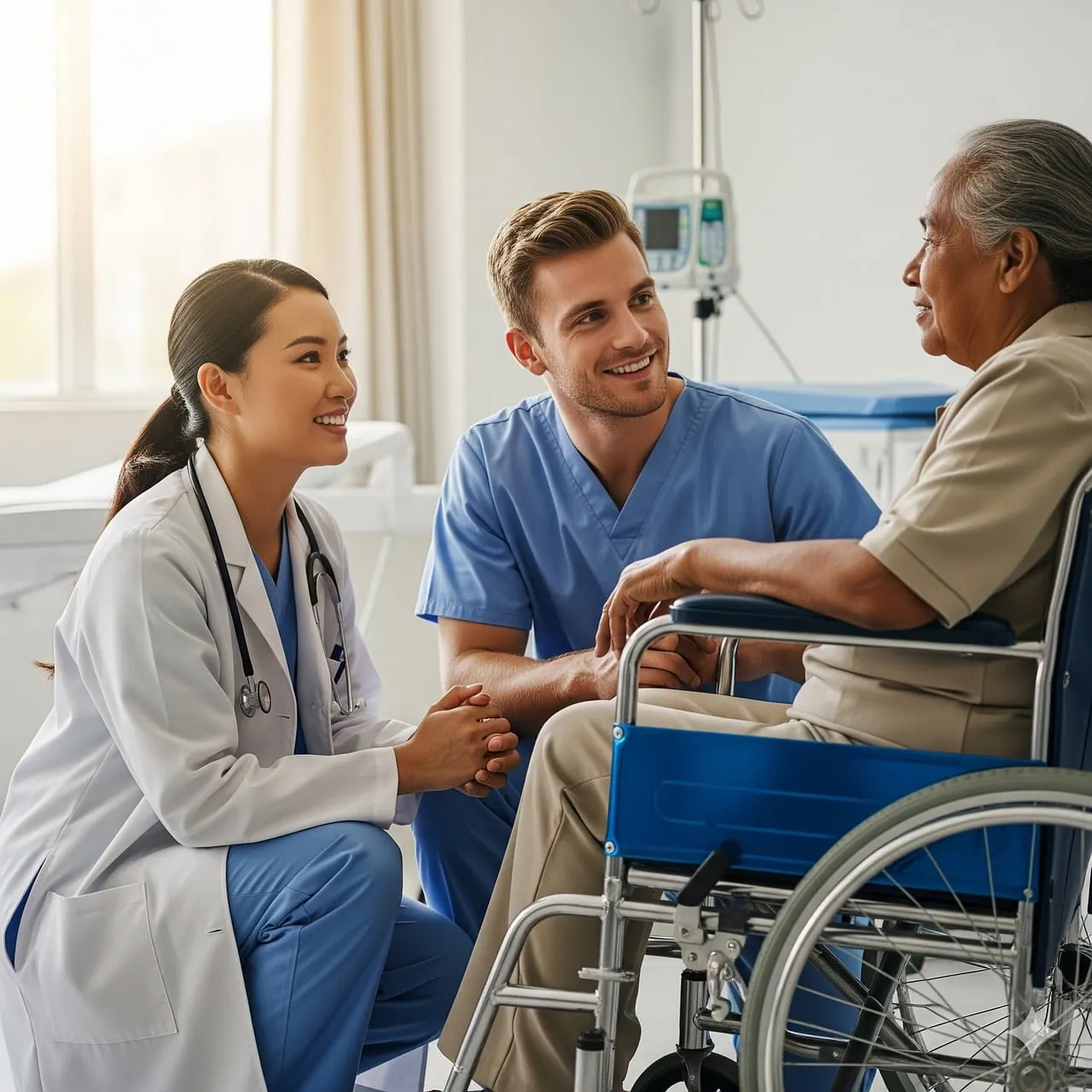 doctor, nurse, patient, medical consultation, healthcare, kindness, senior, caregiver, wheelchair, hospital, medicine, nursing, conversation, care, smile, interaction, support, com. Healthcare Advertising Guide for Teams in 2027