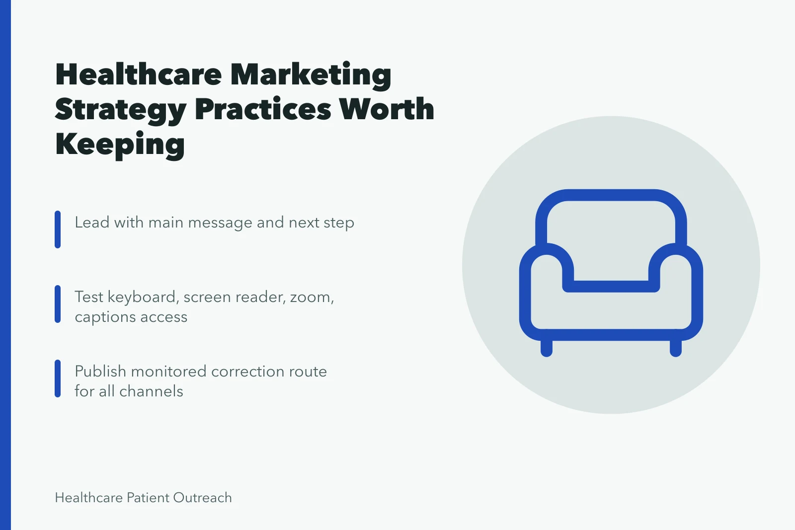 Card outlining healthcare marketing strategy practices: clear message, access testing, correction path. Healthcare Marketing Strategy Practices Worth Keeping