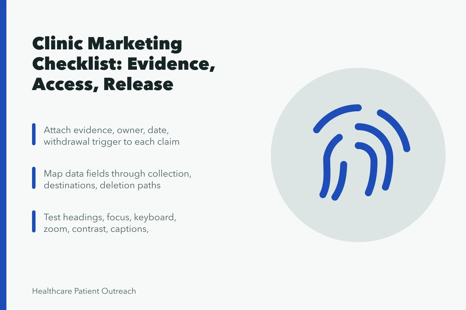 Checklist card for clinic healthcare marketing strategy with evidence, data, and access steps. Healthcare Marketing Strategy Checklist for Clinics