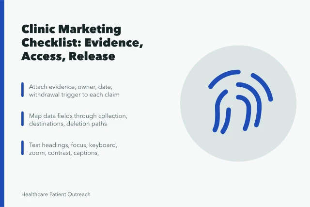 Checklist card for clinic healthcare marketing strategy with evidence, data, and access steps. Healthcare Marketing Strategy Checklist for Clinics