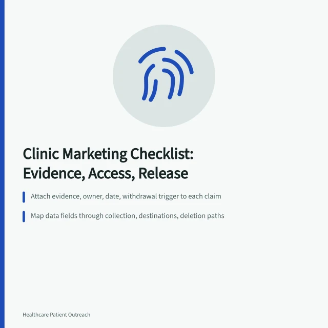 Checklist card for clinic healthcare marketing strategy with evidence, data, and access steps. Healthcare Marketing Strategy Checklist for Clinics