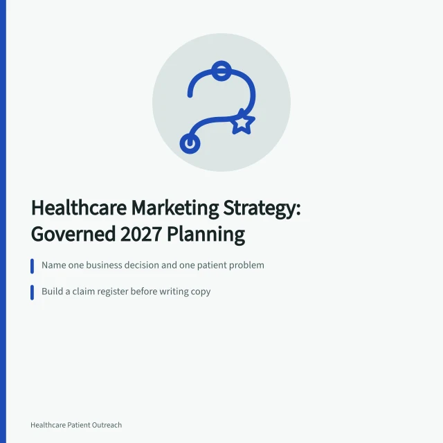 Card outlining governed healthcare marketing strategy steps for 2027 planning. Healthcare Marketing Strategy Beyond the Obvious: The 2027 View