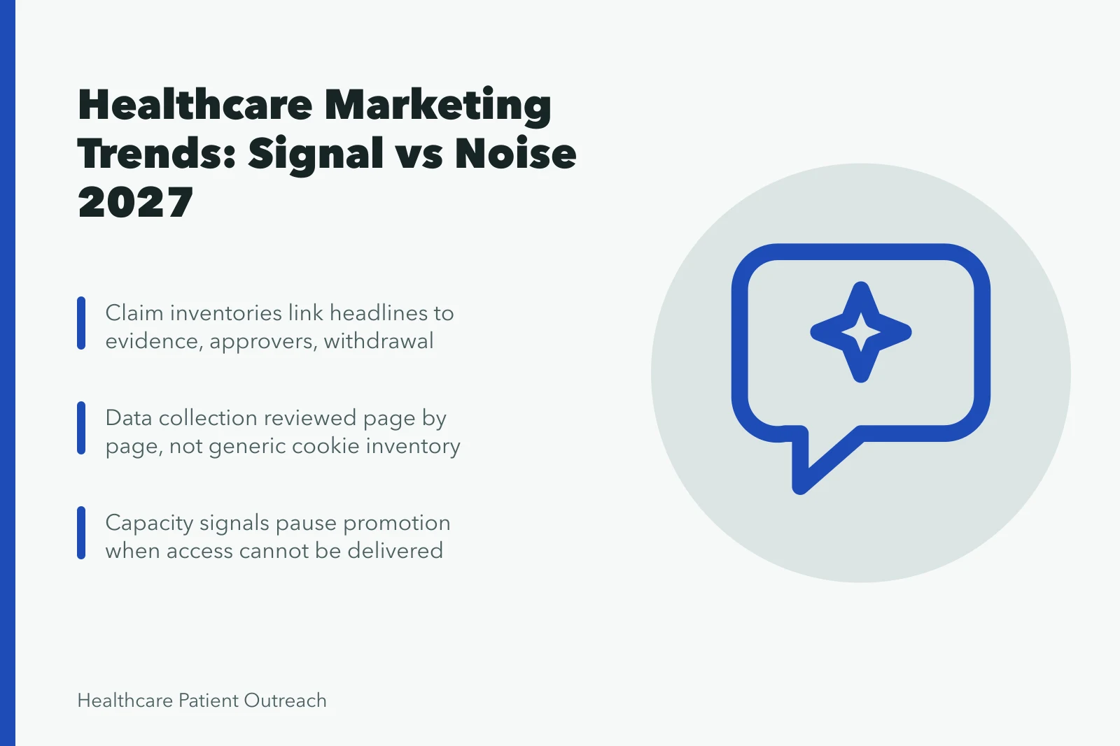 Card summarizing healthcare marketing strategy trends for 2027. Healthcare Marketing Strategy Trends: Signal Versus Noise, Updated for 2027