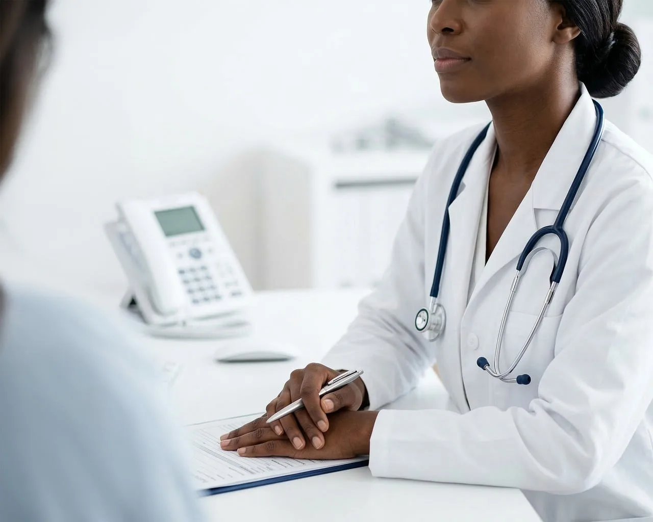 doctor, woman, female, black, african american, medical, healthcare, consultation, patient, office, clinic, professional, white coat, stethoscope, pen, clipboard, desk, attentively, medicine, ai generated. Healthcare Reputation Management Checklist: The Items People Skip