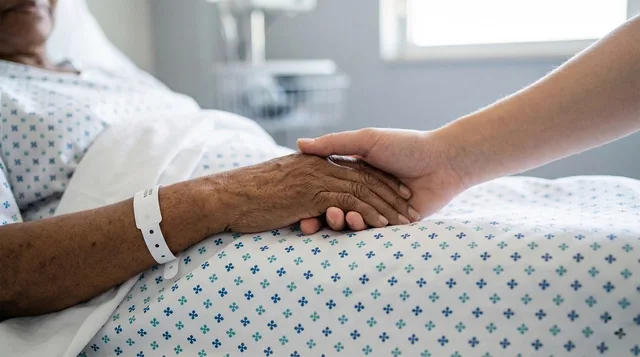 hands, holding hands, hospital, care, support, empathy, patient, medical care, compassion, recovery, bandages, elderly, family, emotional bond, comfort, touch, kindness. 4 Things the Healthcare Reputation Management Examples Make Clear