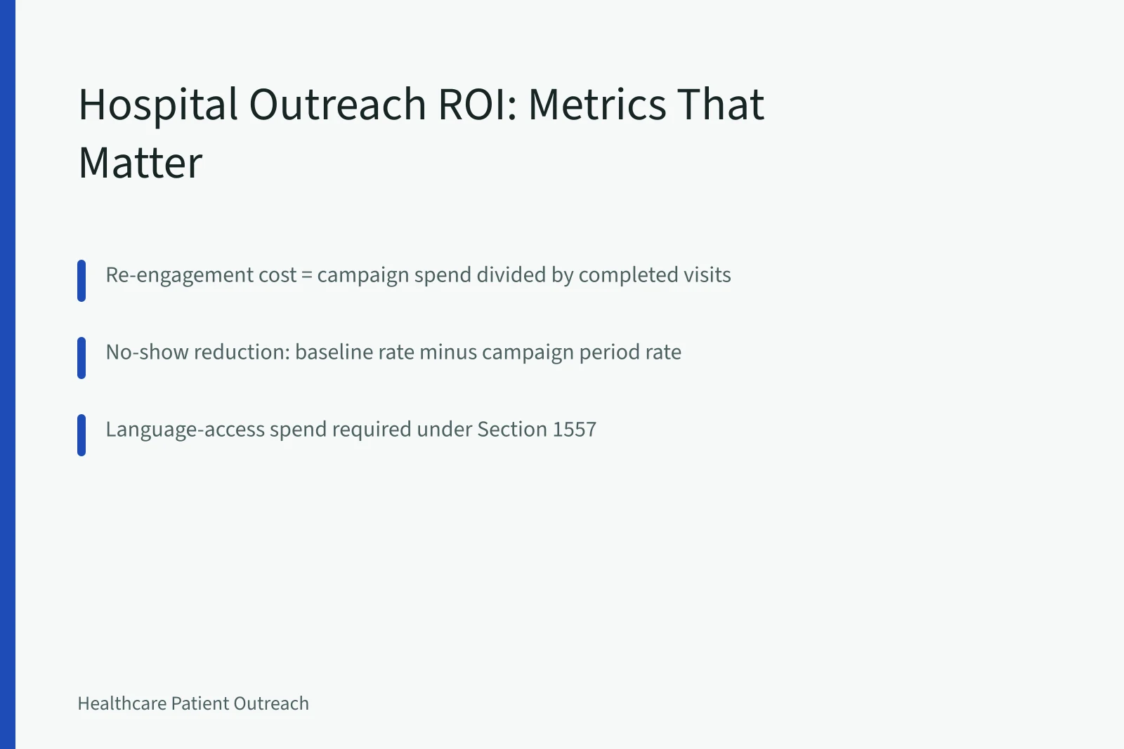 Card showing hospital patient outreach benchmarks: response rate, re-engagement cost, no-show reduction. Patient Outreach Data: What US Hospital Campaigns Actually Return